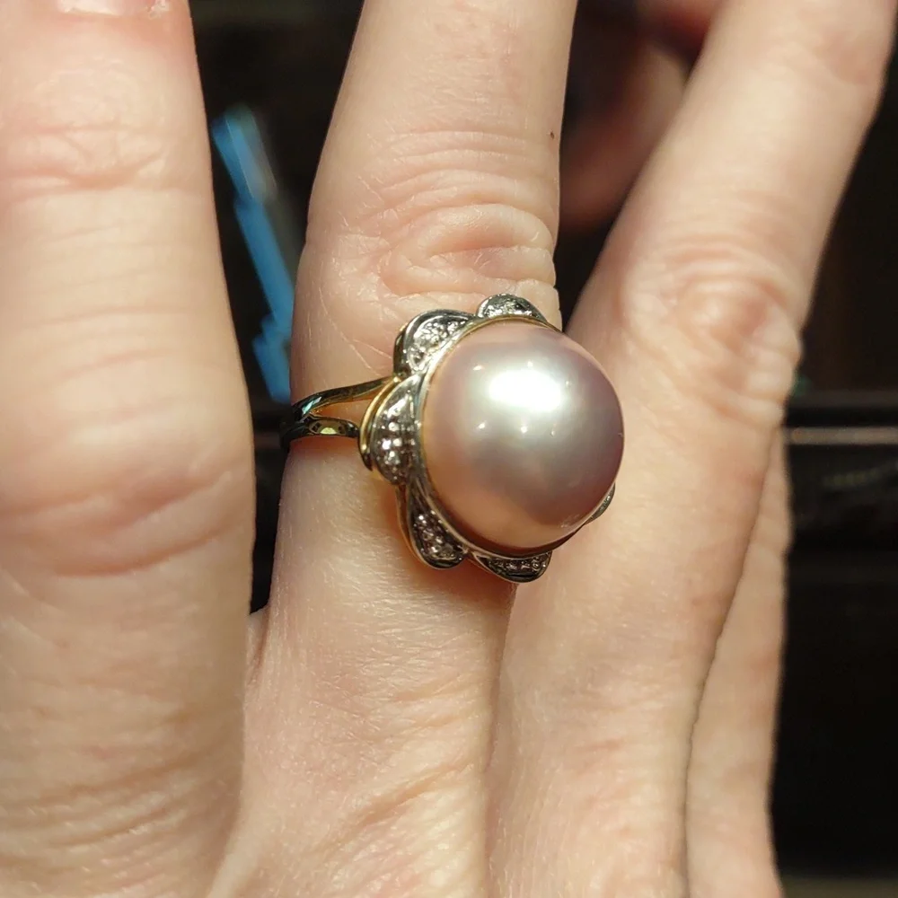 Pink Mabe Pearl Ring White Gold Accents, Pinpoint Diamonds, 14kt Yellow Gold
